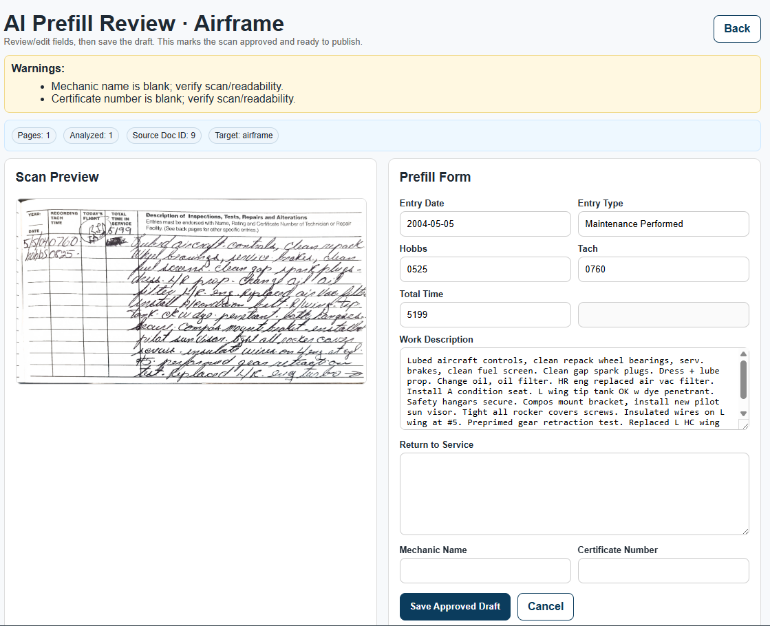 AI prefill review showing the scan beside the converted record